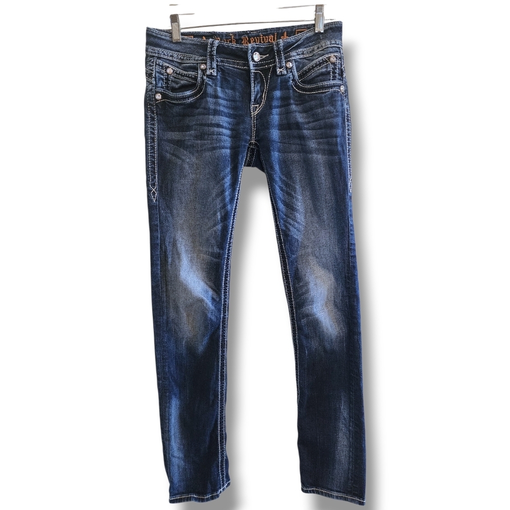 Rock Revival Blue Scarlett Straight Leg Jeans With Crystal Flap Pockets 28